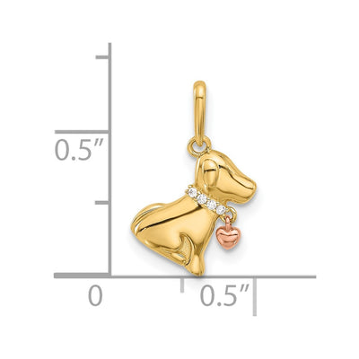 14K Two-tone Polished CZ Dog w/Heart Dangle Pendant