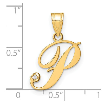 14K Yellow Gold Script Letter Initial Pendant with Diamond Accent Jewelry Charm Necklace, 18.07 x 14.71mm
