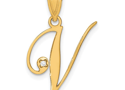14K Yellow Gold Script Letter Initial Pendant with Diamond Accent Jewelry Charm Necklace (Style YC252V)