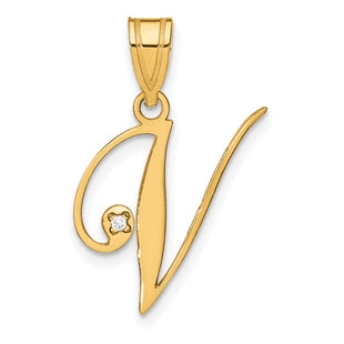 14K Yellow Gold Script Letter Initial Pendant with Diamond Accent Jewelry Charm Necklace (Style YC252V)