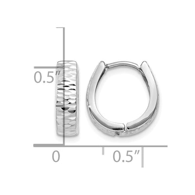 14K White Gold Textured and Polished Hinged Hoop Earrings, 12 x 3mm