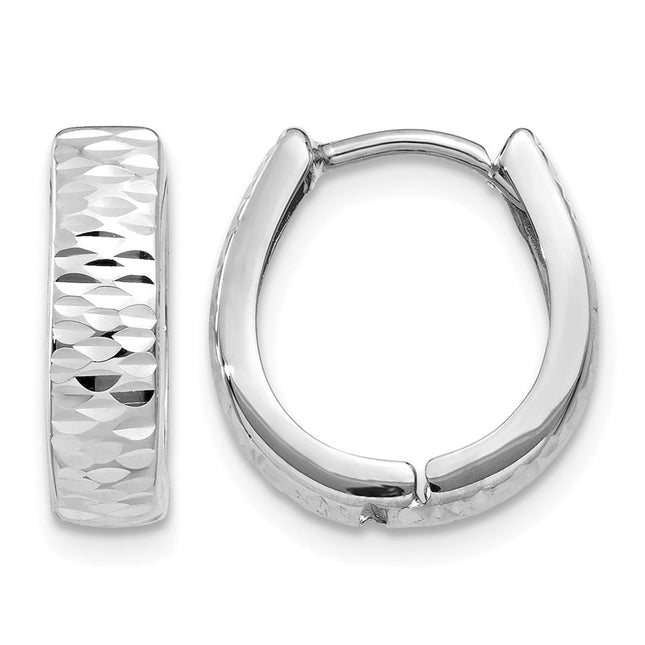 14K White Gold Textured and Polished Hinged Hoop Earrings, 12 x 3mm