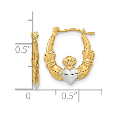 14K w/White Rhodium Polished Claddagh Hoops