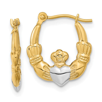 14K w/White Rhodium Polished Claddagh Hoops