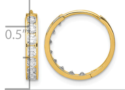 14K CZ Hinged Hoop Earrings, 14.5 x 2.5mm