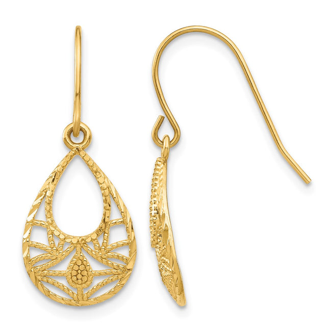 14K Diamond Cut Dangle Earrings, 25 x 10mm