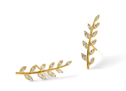 14K CZ Fern Ear Climber Earrings