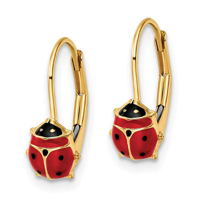 14K Polished Enameled Ladybug Leverback Earrings