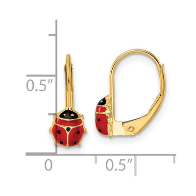 14K Polished Enameled Ladybug Leverback Earrings