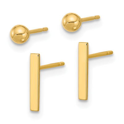 14K Polished Ball and Bar Earring Set