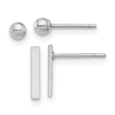 14K White Gold Polished Ball and Bar Earring Set