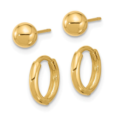 14K Polished Ball and Hinged Hoop Earring Set