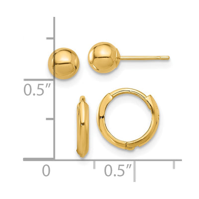 14K Polished Ball and Hinged Hoop Earring Set