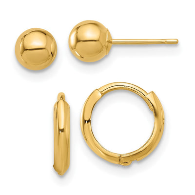 14K Polished Ball and Hinged Hoop Earring Set