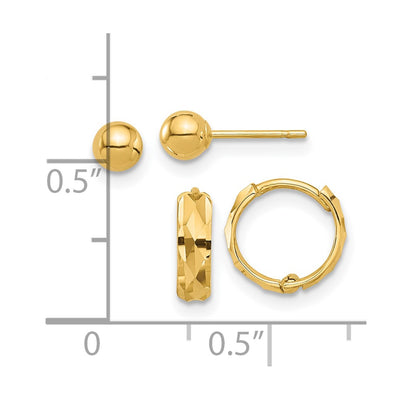 14K Polished Ball and Diamond Cut Hoop Set