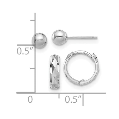 14K White Gold Polished Ball and D/C Hinged Hoop Earring Set
