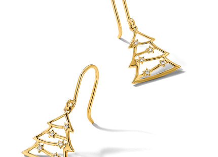 14k Polished CZ Christmas Tree Shepherd Hook Dangle Earrings