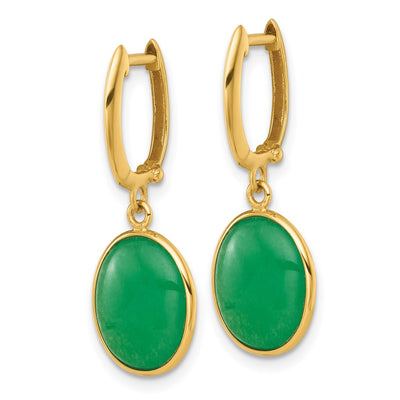 14K Polished Oval Jade Cabochon Dangle Hinged Hoop Earrings