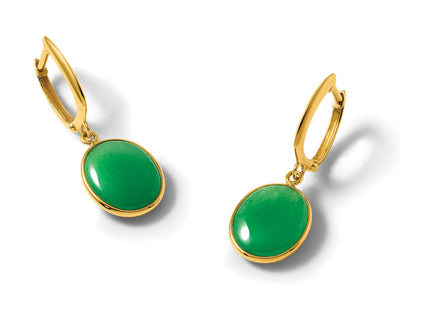 14K Polished Oval Jade Cabochon Dangle Hinged Hoop Earrings