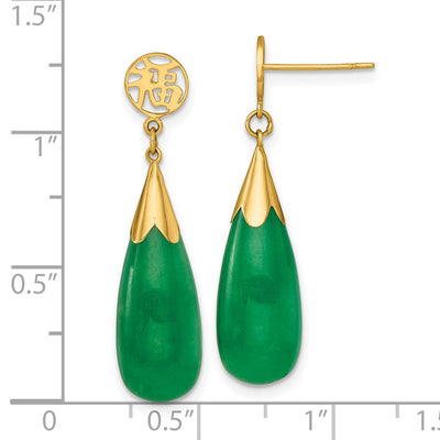 14K Polished Good Luck Symbol Jade Teardrop Post Dangle Earrings