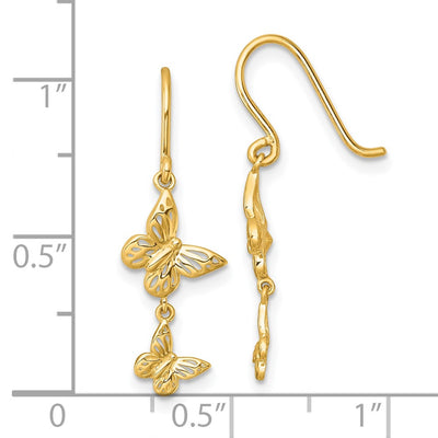 14K Polished Double Butterfly Shepherd Hook Dangle Earrings