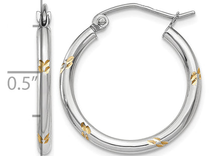 14k White Gold and Yellow Rhodium D/C Hoop Earrings, 19 x 2mm