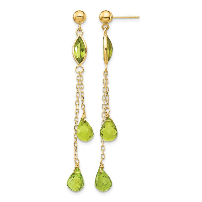 14k Peridot Dangle Earrings, 52 x 6mm