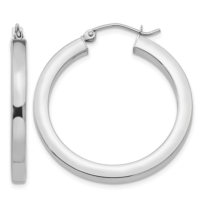 14k White Gold Polished Square Tube Hoop Earrings, 30 x 3mm