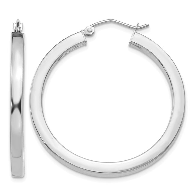 14k White Gold Polished Square Tube Hoop Earrings, 35 x 3mm