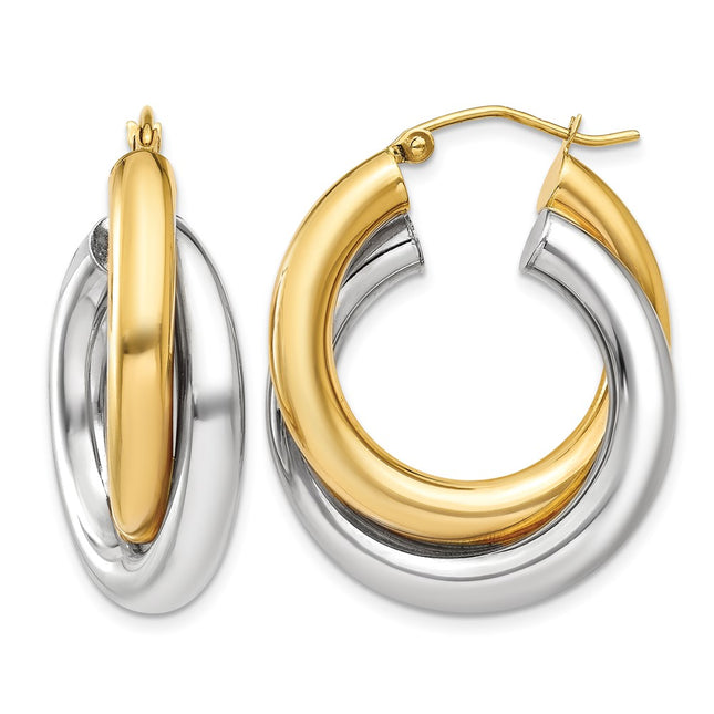 14k Two-tone Polished Double Tube Hoop Earrings, 28 x 8mm