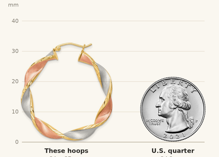 Classique True Size: Sterling Silver RH-Plated Yellow/Rose Vermeil D/C 5mmTwisted Hoop Earrings shown next to a US quarter (24.3 mm)