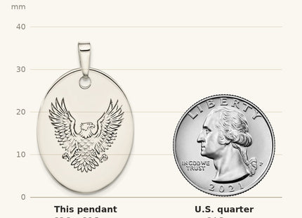 True size: Sterling Silver Antiqued Polished Eagle Oval Pendant shown next to a US quarter (24.3 mm)