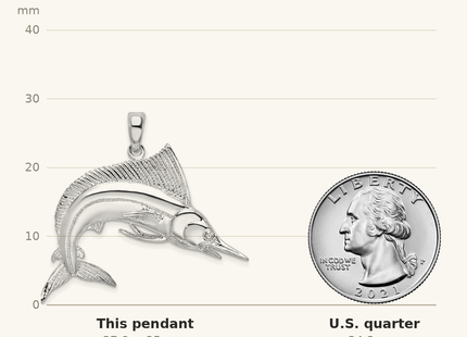 Classique True Size: De-Ani Sterling Silver Rhodium-Plated Polished and Satin Striped Marlin Pendant shown next to a US quarter (24.3 mm)