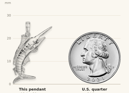 Classique True Size: De-Ani Sterling Silver Rhodium-Plated Polished 3D Blue Marlin Pendant shown next to a US quarter (24.3 mm)