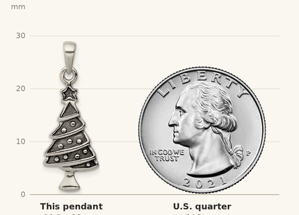 Classique True Size: Sterling Silver Antiqued Christmas Tree Pendant shown next to a US quarter (24.3 mm)