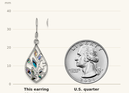 Classique True Size: Sterling Silver Rhodium-plated Polished Abalone Floral Dangle Shepherd Hook Earrings shown next to a US quarter (24.3 mm)