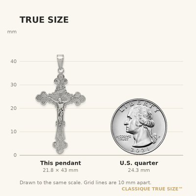 14K White Gold Polished Textured INRI Crucifix Fleur de Lis Pendant