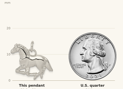 Classique True Size: Sterling Silver Polished & Textured Horse Pendant shown next to a US quarter (24.3 mm)