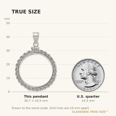 Wideband Distinguished Coin Jewelry 14K White Gold Polished Rope x Screw Top Coin Bezel Pendant, 43.5 x 31.1mm