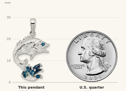 Classique True Size: De-Ani Sterling Silver Rhodium-Plated Enameled Jumping Bass Fish Pendant shown next to a US quarter (24.3 mm)