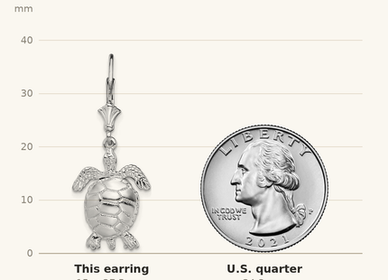 Classique True Size: De-Ani Sterling Silver Rhodium-plated Polished 3D Moveable Turtle Leverback Earrings shown next to a US quarter (24.3 mm)