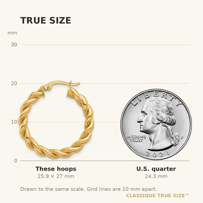 14K Polished Twisted Hoop Earrings, 27 x 3.7mm