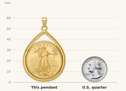 Classique True Size: Wideband Distinguished Coin Jewelry 14k Polished Lightweight Teardrop Mounted 1oz American Eagle Prong Coin Bezel Pendant shown next to a US quarter (24.3 mm)