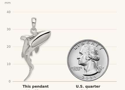 Classique True Size: De-Ani Sterling Silver Rhodium-Plated Polished 3D Swimming Shark Pendant shown next to a US quarter (24.3 mm)