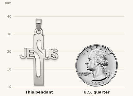 Classique True Size: Sterling Silver Rhodium-plated Jesus Cross Large Pendant shown next to a US quarter (24.3 mm)