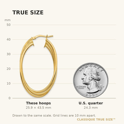 14K Polished and Textured Twisted Fancy Oval Hoop Earrings