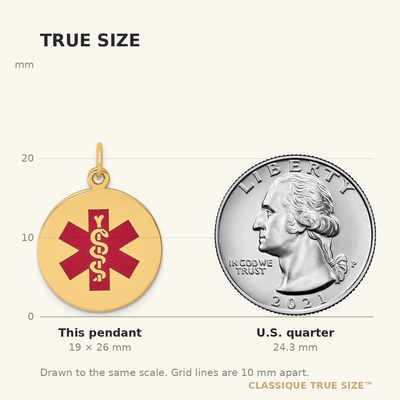 14K Round Red Enameled Medical Jewelry Pendant, 26 x 19mm