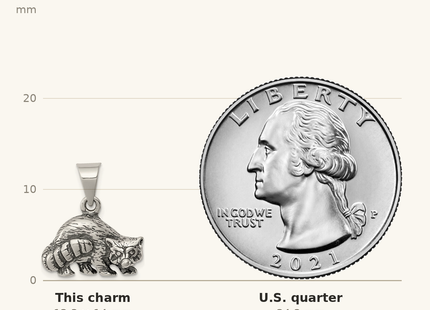 Classique True Size: Sterling Silver Antiqued Raccoon Charm shown next to a US quarter (24.3 mm)