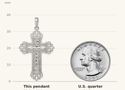 Classique True Size: De-Ani Sterling Silver Rhodium-Plated Diamond-Cut Filigree Fleur de Lis Cross Pendant shown next to a US quarter (24.3 mm)