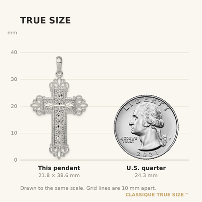 De-Ani Sterling Silver Rhodium-Plated Diamond-Cut Filigree Fleur de Lis Cross Pendant